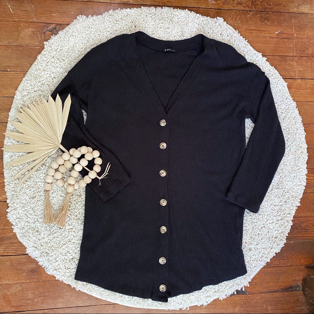 Long Black Waffle-knit Cardigan